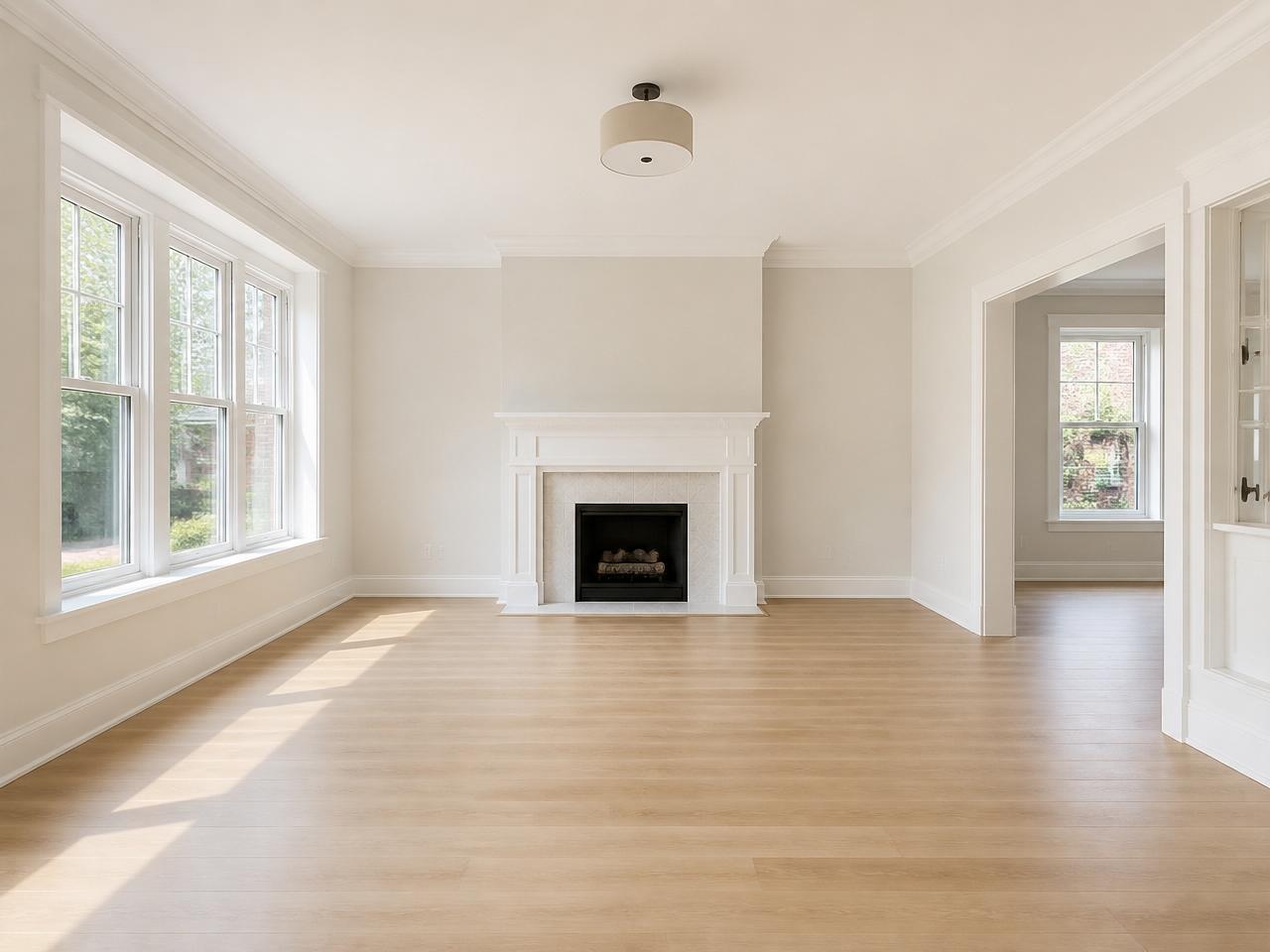 Comparison of a water-damaged living room and the same room after restoration — after