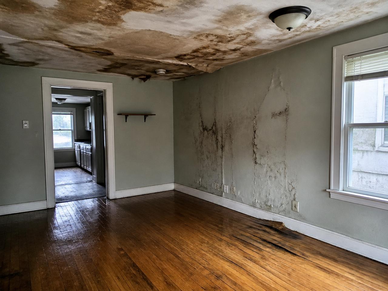 Comparison of a water-damaged living room and the same room after restoration — before